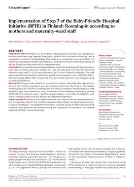 Implementation of Step 7 of the Baby-Friendly Hospital Initiative (BFHI) in Finland: Rooming-In According to Mothers and Maternity-Ward Staff