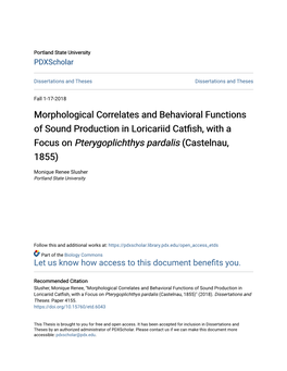 Morphological Correlates and Behavioral Functions of Sound Production in Loricariid Catfish, with a Focus on Pterygoplichthys Pardalis (Castelnau, 1855)