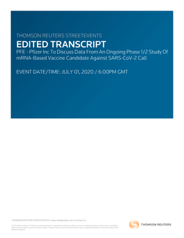 Pfizer Inc to Discuss Data from an Ongoing Phase 1/2 Study of Mrna-Based Vaccine Candidate Against SARS-Cov-2 Call