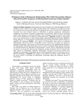 Diptera) Inferred from DNA Sequences of Mitochondrial Cytochrome Oxidase Subunit I