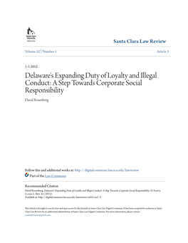 Delaware's Expanding Duty of Loyalty and Illegal Conduct: a Step Towards Corporate Social Responsibility David Rosenberg