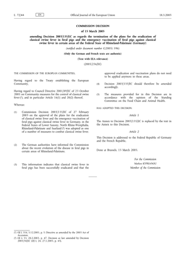 COMMISSION DECISION of 15 March 2005 Amending