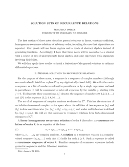 SOLUTION SETS of RECURRENCE RELATIONS the First Section Of