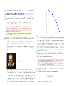 Lecture 20: Antiderivatives 15 X We Have Looked at the Integral 0 F(T) Dt and Seen That It Is the Signed Area Under the Curve