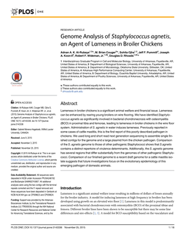 Genome Analysis of Staphylococcus Agnetis, an Agent of Lameness in Broiler Chickens