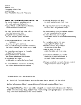 Psalm 24:1 and Psalm 104:10-24, 30 the Earth Is the Lord's and All That Is