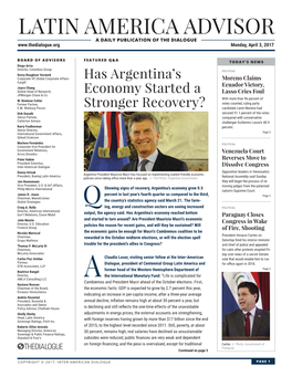 LATIN AMERICA ADVISOR a DAILY PUBLICATION of the DIALOGUE Monday, April 3, 2017