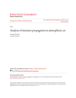 Analysis of Streamer Propagation in Atmospheric Air Manfred Heiszler Iowa State University