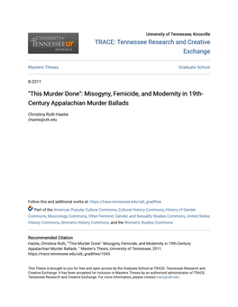 "This Murder Done": Misogyny, Femicide, and Modernity in 19Th- Century Appalachian Murder Ballads