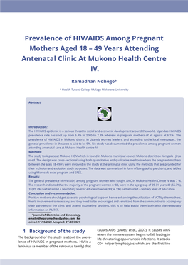 Prevalence of HIV/AIDS Among Pregnant Mothers Aged 18 – 49 Years Attending Antenatal Clinic at Mukono Health Centre IV