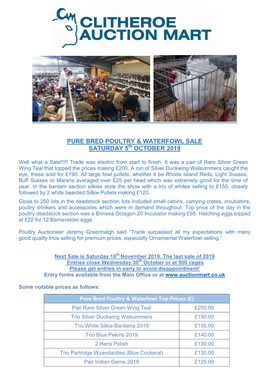 Pure Bred Poultry & Waterfowl Sale Saturday 5 October 2019