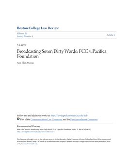 Broadcasting Seven Dirty Words: FCC V. Pacifica Foundation Ann-Ellen Marcus