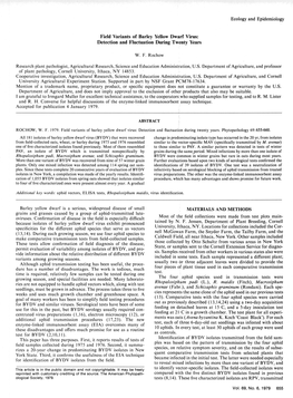 Ecology and Epidemiology Field Variants of Barley Yellow Dwarf Virus