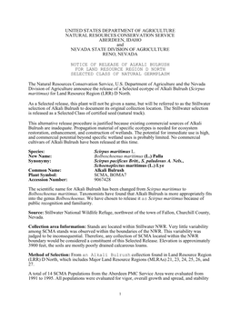 UNITED STATES DEPARTMENT of AGRICULTURE NATURAL RESOURCES CONSERVATION SERVICE ABERDEEN, IDAHO and NEVADA STATE DIVISION of AGRICULTURE RENO, NEVADA