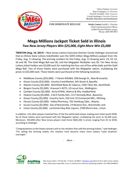 Mega Millions Jackpot Ticket Sold in Illinois Two New Jersey Players Win $25,000, Eight More Win $5,000