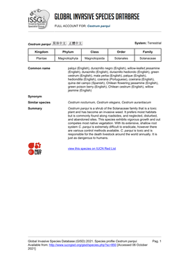 Cestrum Parqui Global Invasive Species Database (GISD)