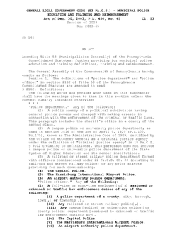 GENERAL LOCAL GOVERNMENT CODE (53 PA.C.S.) - MUNICIPAL POLICE EDUCATION and TRAINING and REIMBURSEMENT Act of Dec