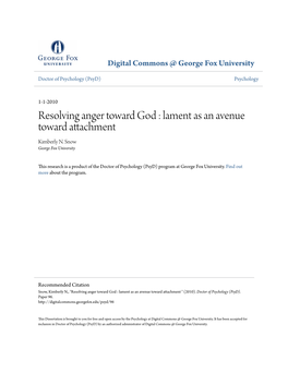 Resolving Anger Toward God : Lament As an Avenue Toward Attachment Kimberly N