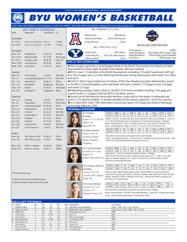 BYU Women's Basketball Page 2/16 Individual Game-By-Game 3PA 7 (6X), at USF - 2/27/21 As of Mar 22, 2021 All Games FTM 6, at LMU - 1/7/21 FTA 8, at LMU - 1/7/21