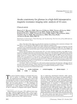 Awake Craniotomy for Gliomas in a High-Field Intraoperative Magnetic Resonance Imaging Suite: Analysis of 42 Cases