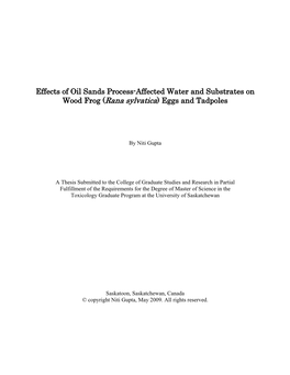 Effects of Oil Sands Process-Affected Water and Substrates on Wood Frog (Rana Sylvatica) Eggs and Tadpoles