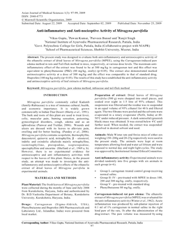 Anti-Inflammatory and Anti-Nociceptive Activity of Mitragyna Parvifolia