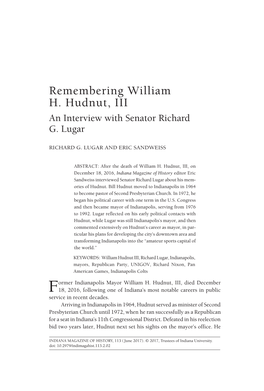 Remembering William H. Hudnut, III an Interview with Senator Richard G