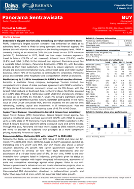 Panorama Sentrawisata BUY Sector: Tourism (Overweight) (Unchanged) Rating Momentum*: Na