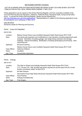 Planning Applications Received 02 May 2019 to 08 May 2019