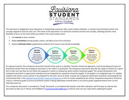 This Document Is Designed to Assist Educators in Interpreting Louisiana's 2011 Social Studies Standards. It Contains the Prio