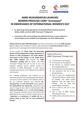 AMRI MUKUNDAPUR LAUNCHES WOMEN PRIVILEGE CARD “Sreemoyee” in OBSERVANCE of INTERNATIONAL WOMEN’S DAY