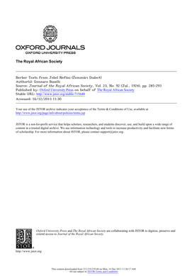 Berber Texts from Jebel Nefûsi (Žemmâri Dialect) Author(S): Gennaro Buselli Source: Journal of the Royal African Society, Vol