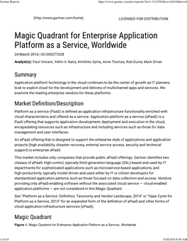 Magic Quadrant for Enterprise Application Platform As a Service, Worldwide 24 March 2016 | ID:G00277028
