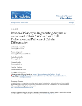 Positional Plasticity in Regenerating Amybstoma Mexicanum Limbs Is Associated with Cell Proliferation and Pathways of Cellular Differentiation Catherine D