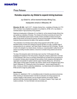 Komatsu Acquires Joy Global to Expand Mining Business