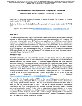 One Enzyme Reverse Transcription Qpcr Using Taq DNA Polymerase Sanchita Bhadra*, Andre C