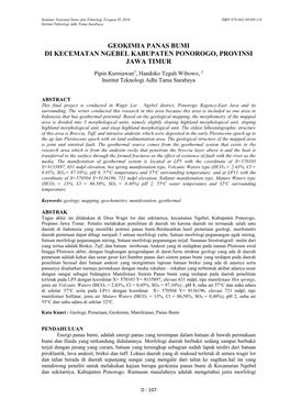 GEOKIMIA PANAS BUMI DI KECEMATAN NGEBEL KABUPATEN PONOROGO, PROVINSI JAWA TIMUR Pipin Kurniawan1, Handoko Teguh Wibowo, 2 Institut Teknologi Adhi Tama Surabaya