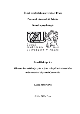 Obnova Kornského Jazyka a Jeho Role Při Národnostním Uvědomování Obyvatel Cornwallu