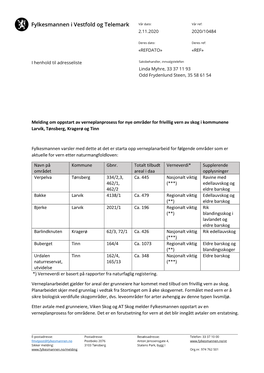 Melding Om Oppstart Av Verneplanprosess for Nye Områder for Frivillig Vern Av Skog I Kommunene Larvik, Tønsberg, Kragerø Og Tinn