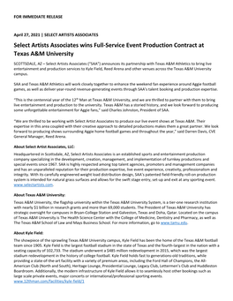 Select Artists Associates Wins Full-Service Event Production Contract at Texas A&M University