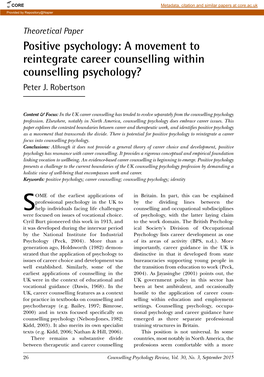 Positive Psychology: a Movement to Reintegrate Career Counselling Within Counselling Psychology? Peter J