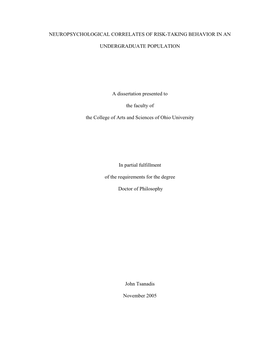 Neuropsychological Correlates of Risk-Taking Behavior in An
