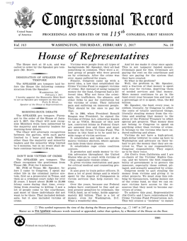 Congressional Record United States Th of America PROCEEDINGS and DEBATES of the 115 CONGRESS, FIRST SESSION