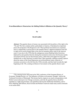 From Bimetallism to Monetarism: the Shifting Political Affiliation of the Quantity Theory*