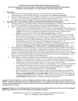 Examining the Covenant Theology and Reconstructionism of SOME Reformed Theologians (2 Timothy 3:16-4:5; Romans 7:4, 6 with Galatians 3:24-25; Revelation 19-20)