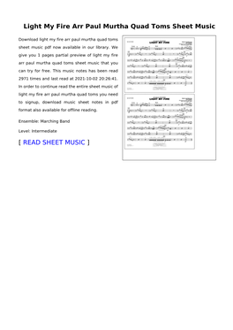 Light My Fire Arr Paul Murtha Quad Toms Sheet Music