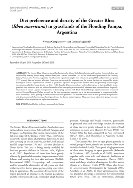 Diet Preference and Density of the Greater Rhea (Rhea Americana) in Grasslands of the Flooding Pampa, Argentina