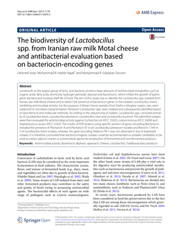 The Biodiversity of Lactobacillus Spp. from Iranian Raw Milk Motal Cheese and Antibacterial Evaluation Based on Bacteriocin‑Encoding Genes Fahimeh Azizi, Mohammad B