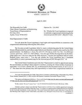 GA-0063 Chair, House Committee on Redistricting Texas House of Representatives Re: Whether the Texas Legislature Is Required P-0