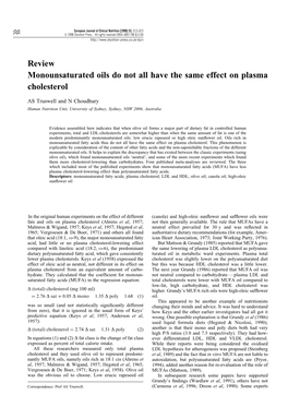 Review Monounsaturated Oils Do Not All Have the Same Effect on Plasma Cholesterol